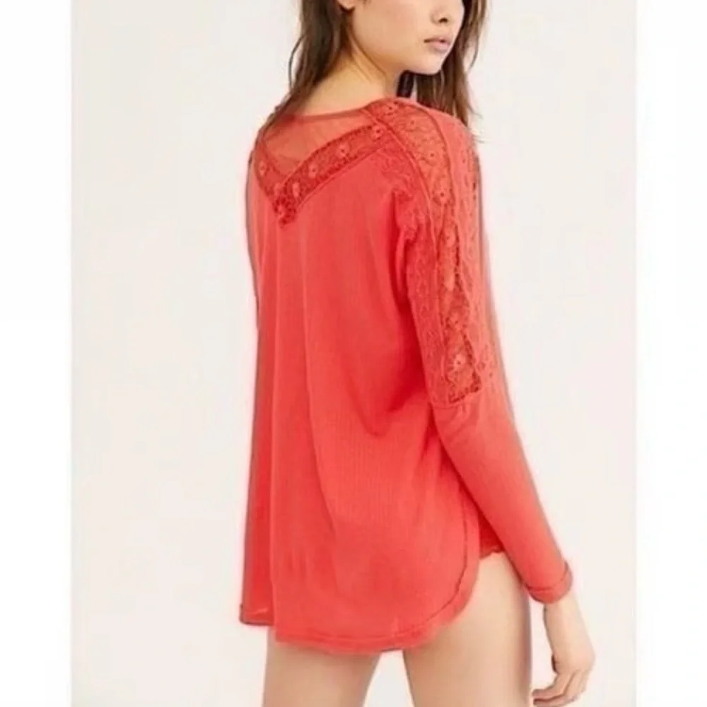Free People Lola Cotton blend Tunic Top w/ lovely Lace Accents XL Crimson Rose 🌹